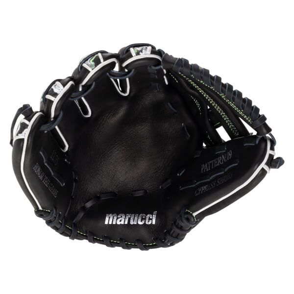 Front view of the black leather palm and pocket featuring white welting and silver text reading "marucci," "PATTERN.09," and "CYPRESS SERIES."