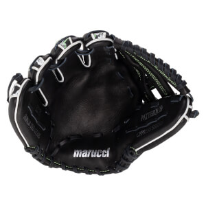 Front view of the black leather palm and pocket featuring white welting and silver text reading "marucci," "PATTERN.09," and "CYPRESS SERIES."