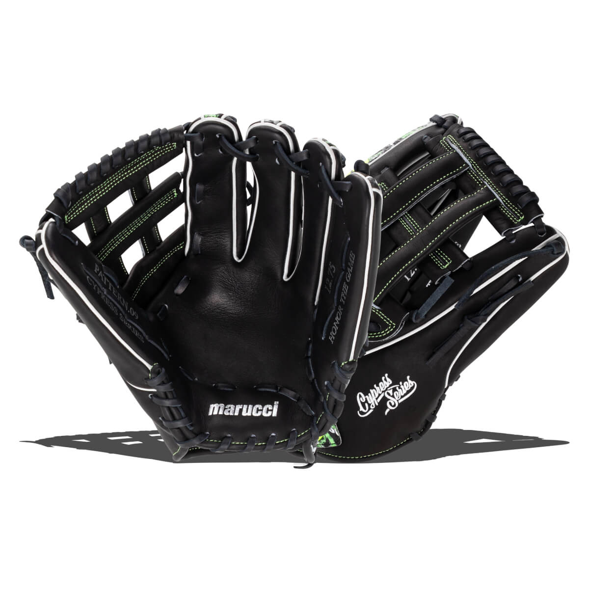 Front view of a black Marucci baseball glove with neon green stitching and white piping, featuring the "marucci" and "Cypress Series" brand names.