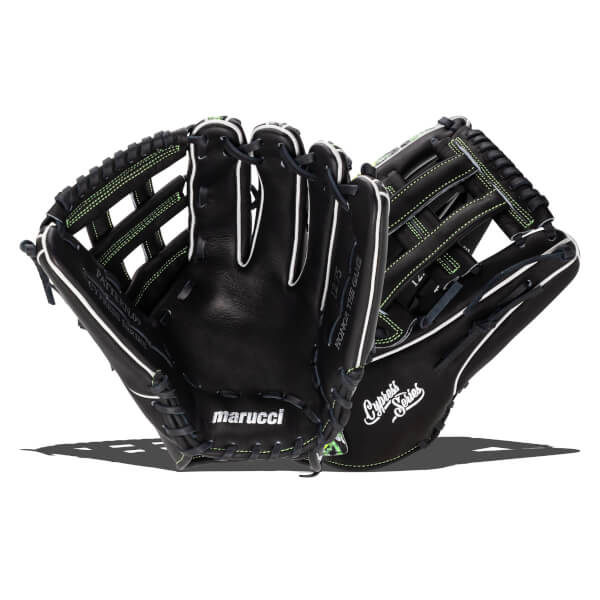 Front view of a black Marucci baseball glove with neon green stitching and white piping, featuring the "marucci" and "Cypress Series" brand names.