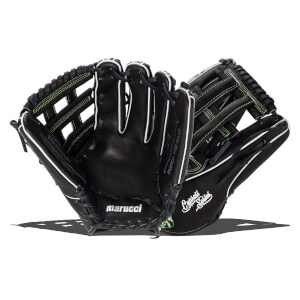 Front view of a black Marucci baseball glove with neon green stitching and white piping, featuring the "marucci" and "Cypress Series" brand names.
