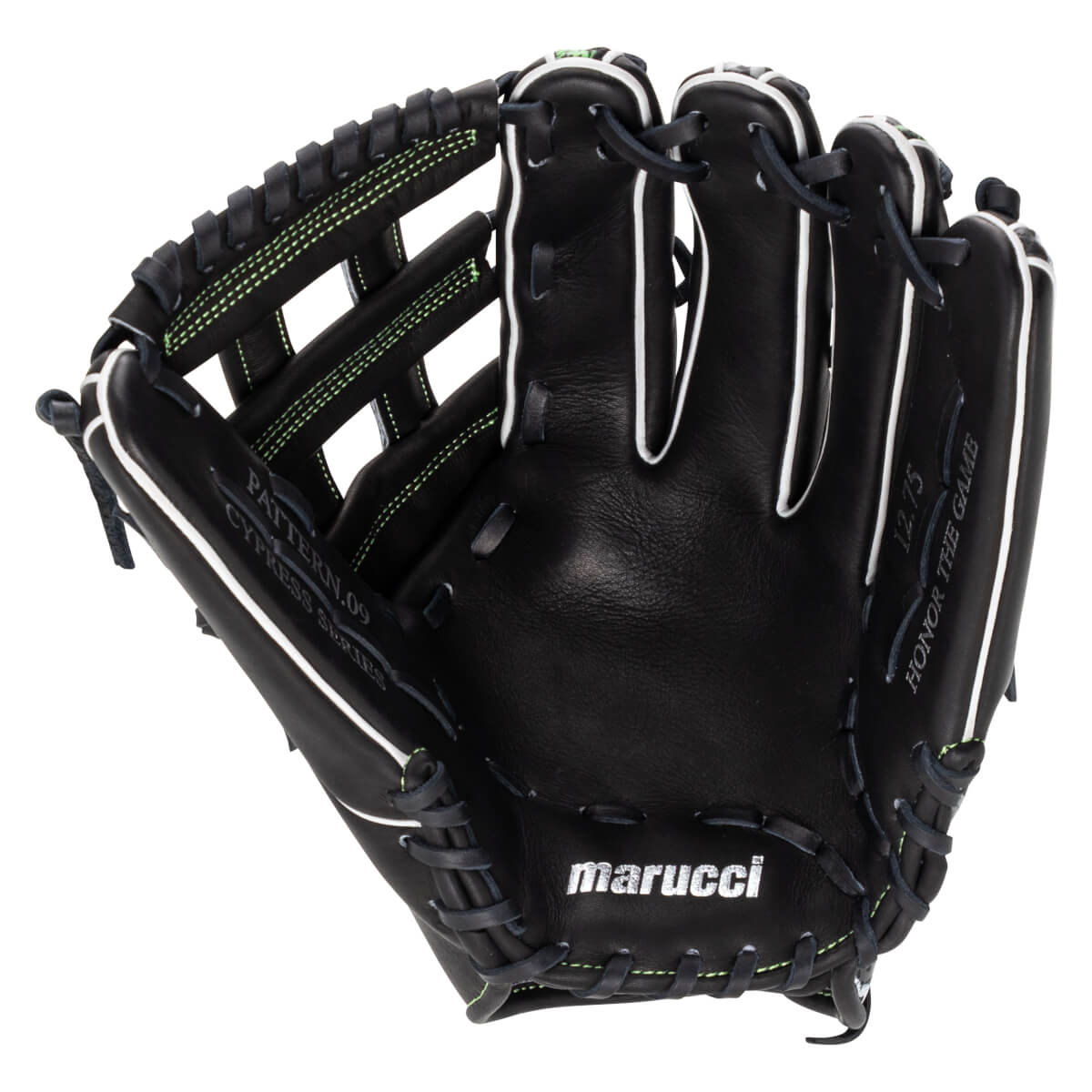Front palm view of a black leather glove featuring white welting, green stitching, "marucci" on the heel, and "HONOR THE GAME" on the pinky.