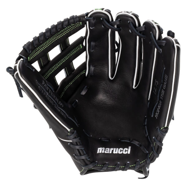 Front palm view of a black leather glove featuring white welting, green stitching, "marucci" on the heel, and "HONOR THE GAME" on the pinky.