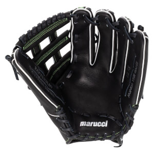Front palm view of a black leather glove featuring white welting, green stitching, "marucci" on the heel, and "HONOR THE GAME" on the pinky.
