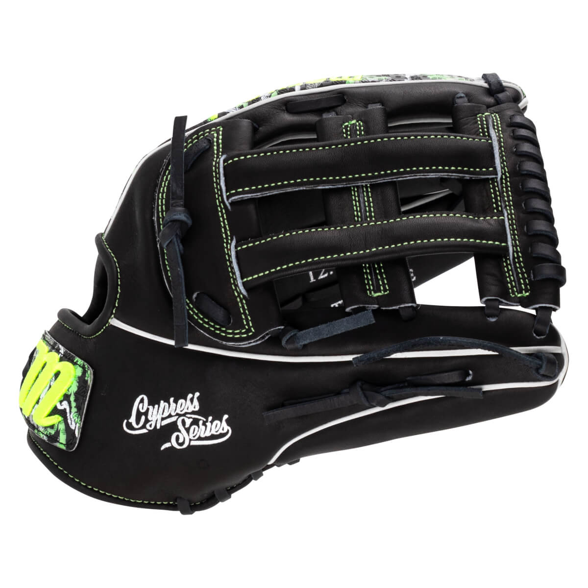 Back view of a black leather baseball glove featuring neon green stitching, white "Cypress Series" script, and a patterned "M" logo patch on the thumb strap.
