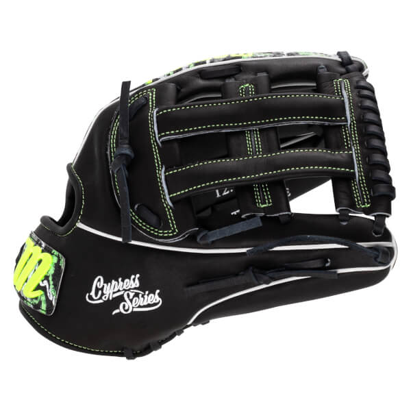 Back view of a black leather baseball glove featuring neon green stitching, white "Cypress Series" script, and a patterned "M" logo patch on the thumb strap.