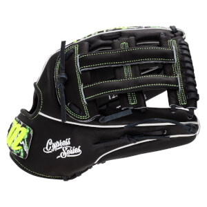 Back view of a black leather baseball glove featuring neon green stitching, white "Cypress Series" script, and a patterned "M" logo patch on the thumb strap.