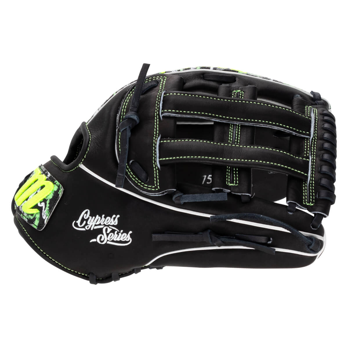 Back view of a black leather baseball glove featuring neon green stitching, a neon green M logo on the wrist, and white Cypress Series script text.