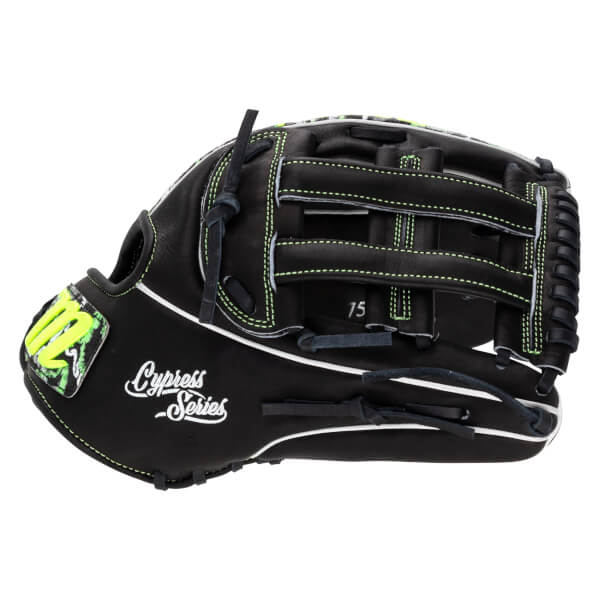 Back view of a black leather baseball glove featuring neon green stitching, a neon green M logo on the wrist, and white Cypress Series script text.