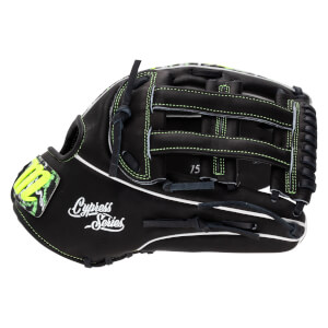 Back view of a black leather baseball glove featuring neon green stitching, a neon green M logo on the wrist, and white Cypress Series script text.