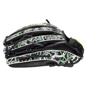 Back view of a black leather baseball glove featuring green and grey camouflage pattern panels and white piping along the fingers and shell.