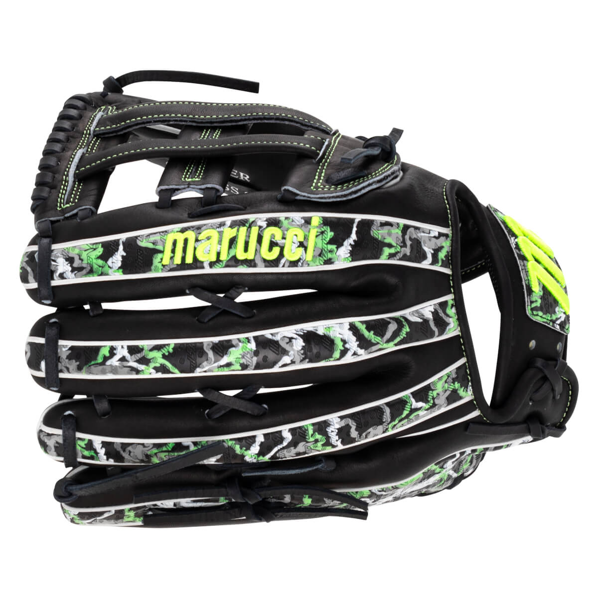 Back view of a black baseball glove featuring neon green stitching, camouflage patterns, and “marucci” in neon yellow text across the finger back.