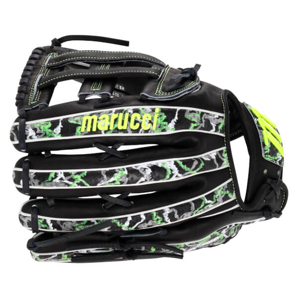 Back view of a black baseball glove featuring neon green stitching, camouflage patterns, and “marucci” in neon yellow text across the finger back.