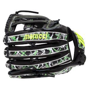 Back view of a black baseball glove featuring neon green stitching, camouflage patterns, and “marucci” in neon yellow text across the finger back.