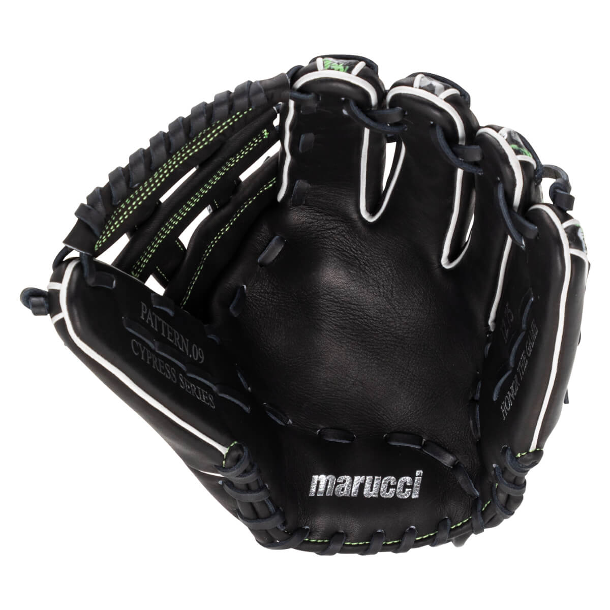 Front view of a black leather baseball glove with white welting and lime green stitching, featuring "marucci" and "CYPRESS SERIES" stamped on the palm.