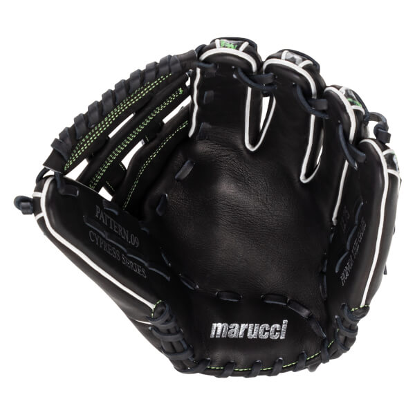 Front view of a black leather baseball glove with white welting and lime green stitching, featuring "marucci" and "CYPRESS SERIES" stamped on the palm.