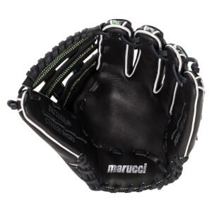 Front view of a black leather baseball glove with white welting and lime green stitching, featuring "marucci" and "CYPRESS SERIES" stamped on the palm.