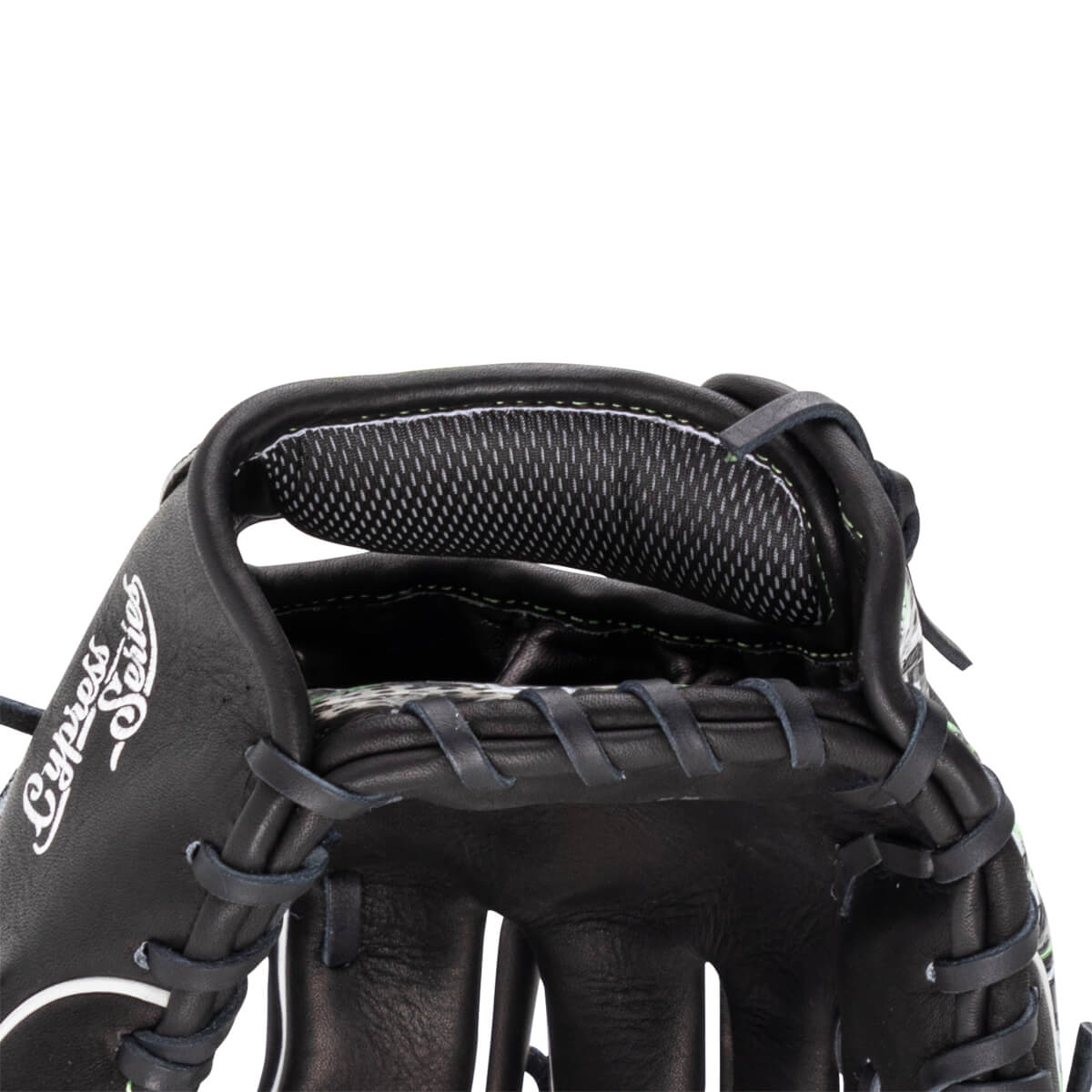 Close-up of the interior wrist opening showing the padded mesh lining and the white "Cypress Series" script printed on the black leather.