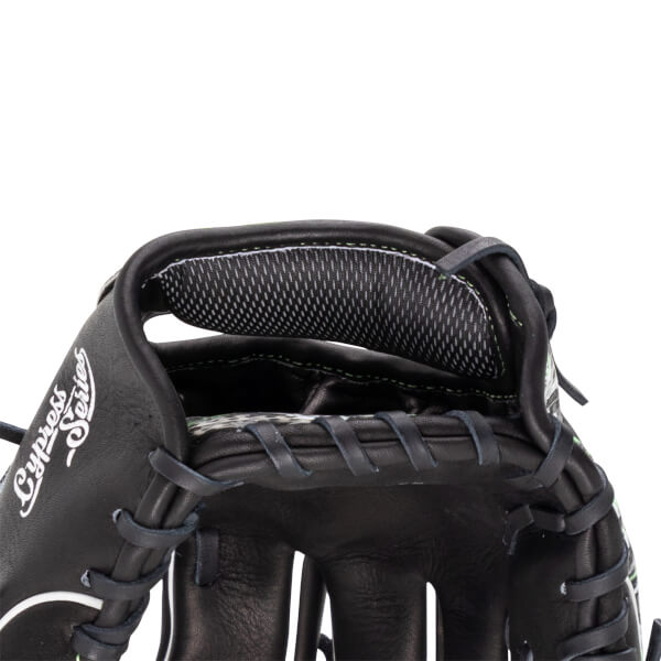 Close-up of the interior wrist opening showing the padded mesh lining and the white "Cypress Series" script printed on the black leather.