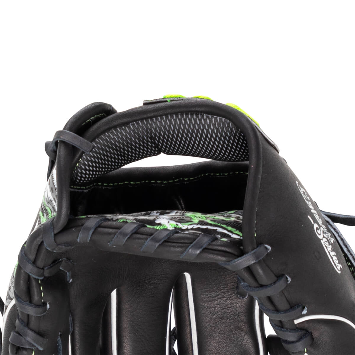 Top-down close-up of the black leather glove's wrist opening showing grey textured mesh padding and a green-patterned lining with the word Series visible on the side.