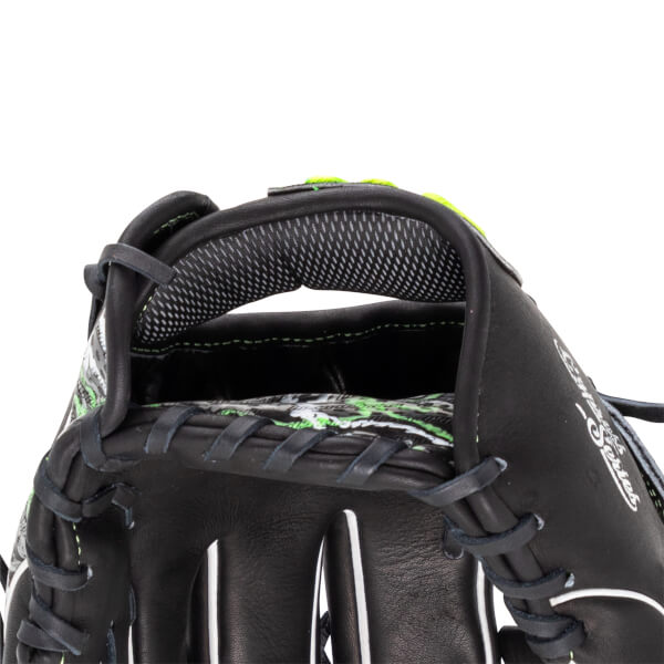 Top-down close-up of the black leather glove's wrist opening showing grey textured mesh padding and a green-patterned lining with the word Series visible on the side.