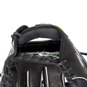 Top-down close-up of the black leather glove's wrist opening showing grey textured mesh padding and a green-patterned lining with the word Series visible on the side.