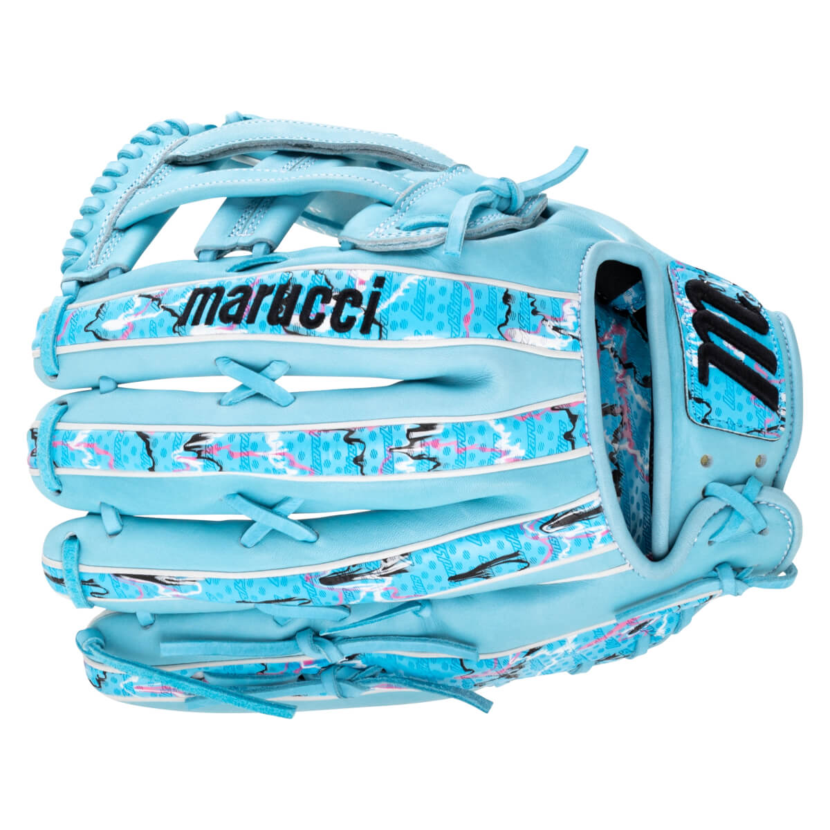 Back view of a light blue baseball glove featuring patterned graphic accents and the word "marucci" printed in black text across the finger.