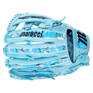 Back view of a light blue baseball glove featuring patterned graphic accents and the word "marucci" printed in black text across the finger.