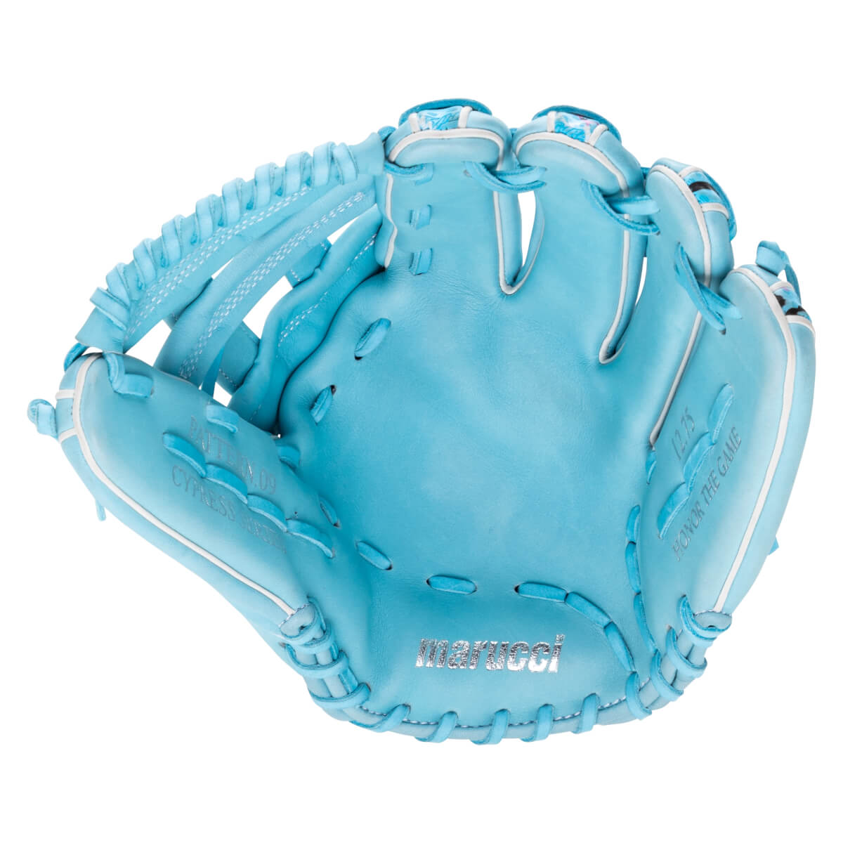 Front view of a light blue baseball glove showing the palm with a silver Marucci logo, white piping, and "HONOR THE GAME" and "CYPRESS SERIES" text.