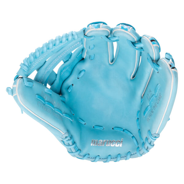 Front view of a light blue baseball glove showing the palm with a silver Marucci logo, white piping, and "HONOR THE GAME" and "CYPRESS SERIES" text.