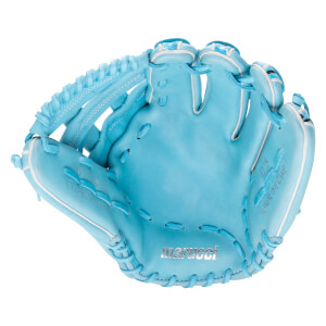 Front view of a light blue baseball glove showing the palm with a silver Marucci logo, white piping, and "HONOR THE GAME" and "CYPRESS SERIES" text.