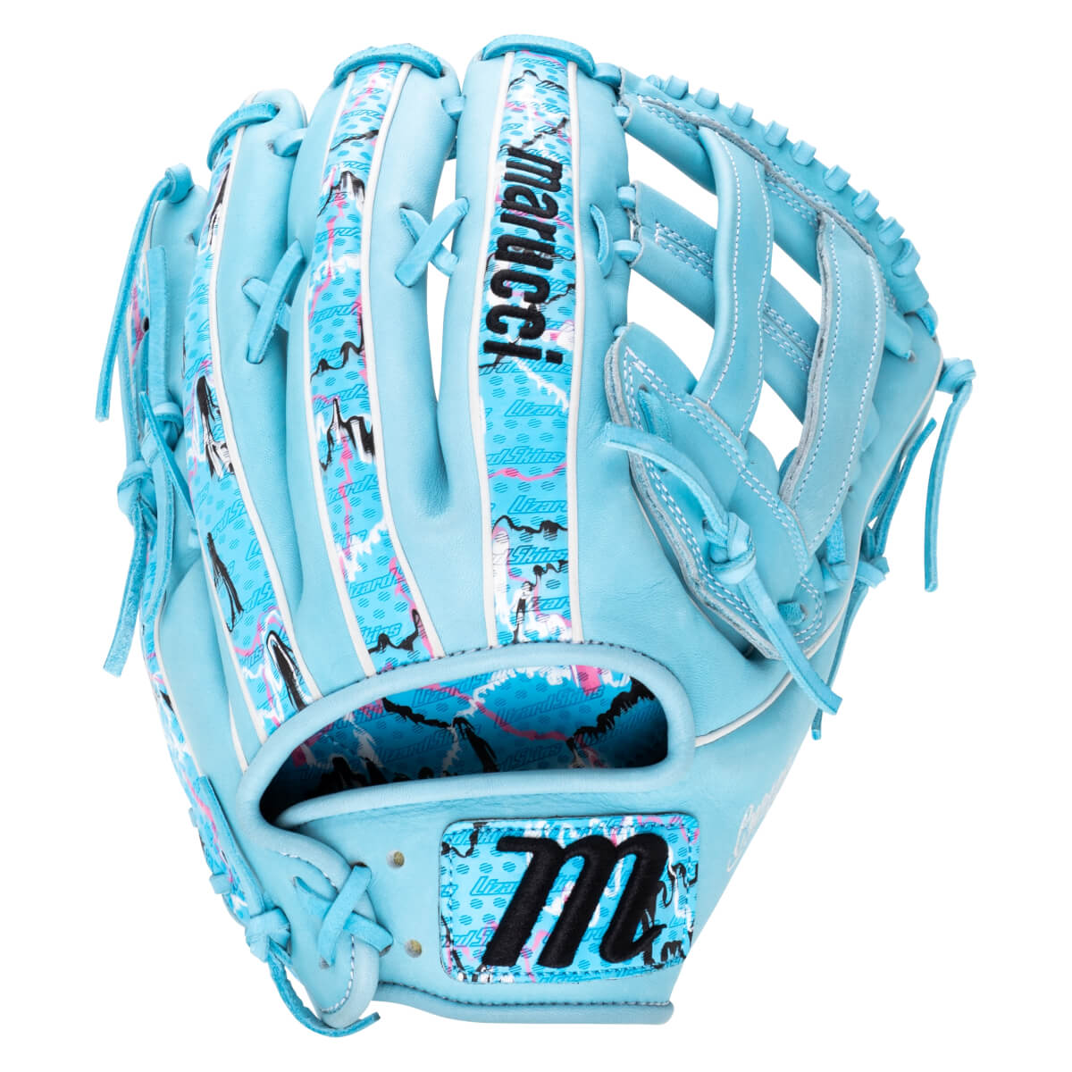 Back view of a light blue baseball glove with patterned finger panels, featuring the Marucci name on a finger and a black "M" logo on the wrist strap.