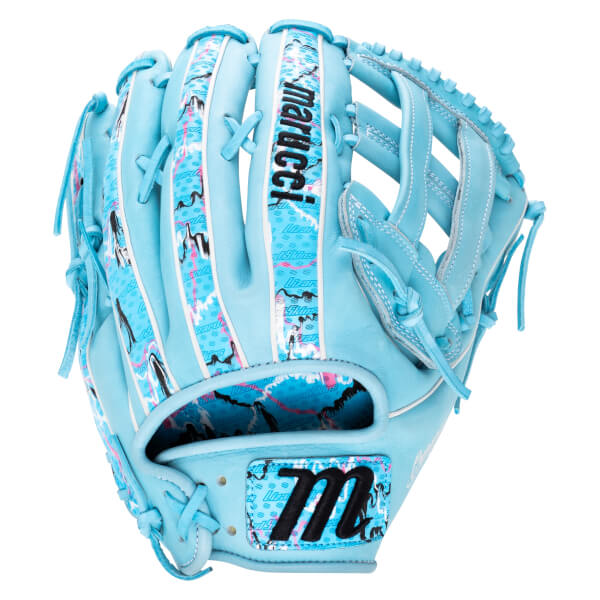Back view of a light blue baseball glove with patterned finger panels, featuring the Marucci name on a finger and a black "M" logo on the wrist strap.