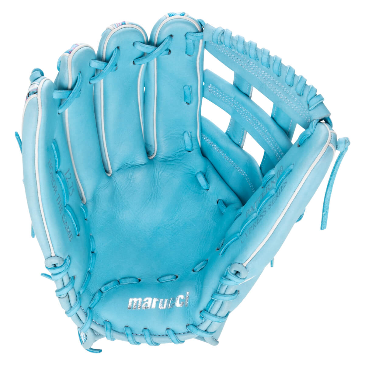 Front view of a light blue baseball glove with white piping, showing the silver "marucci" logo and "CYPRESS SERIES" text stamped in the palm.