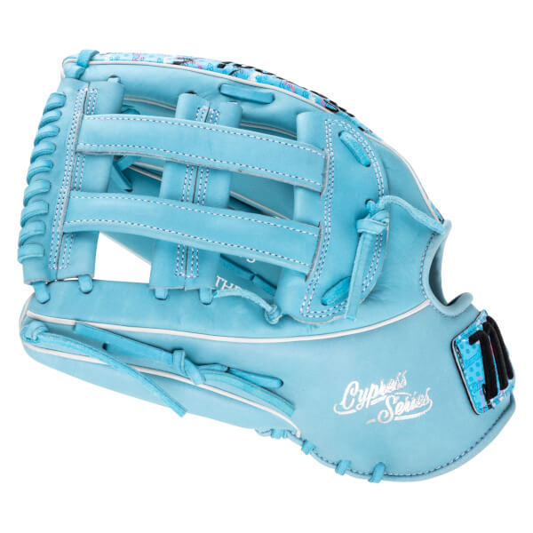 Back view of a light blue baseball glove featuring white stitching, an H-web design, and "Cypress Series" in silver script on the outer heel.