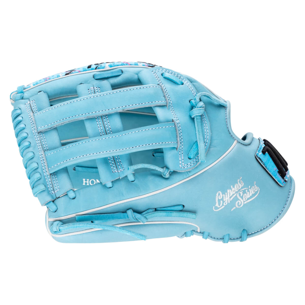 Front view of a light blue baseball glove with H-webbing and white piping, featuring the words "Cypress Series" in silver script on the palm.