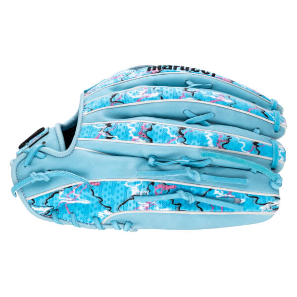 Back view of a light blue baseball glove featuring pink and white patterns on the finger stalls and the Marucci brand name visible along the top edge.