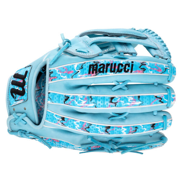 Back view of the light blue glove featuring pink and blue patterned accents and white piping with the "marucci" brand name printed across the top finger.