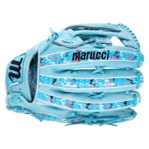 Back view of the light blue glove featuring pink and blue patterned accents and white piping with the "marucci" brand name printed across the top finger.