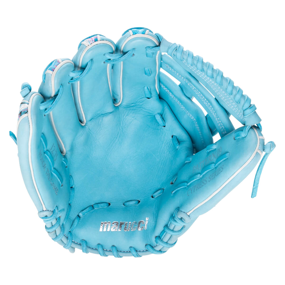 Front view of a sky blue leather glove featuring a silver marucci logo on the palm and stamped text reading CYPRESS SERIES and PATTERN 09.