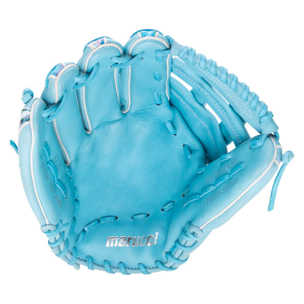 Front view of a sky blue leather glove featuring a silver marucci logo on the palm and stamped text reading CYPRESS SERIES and PATTERN 09.