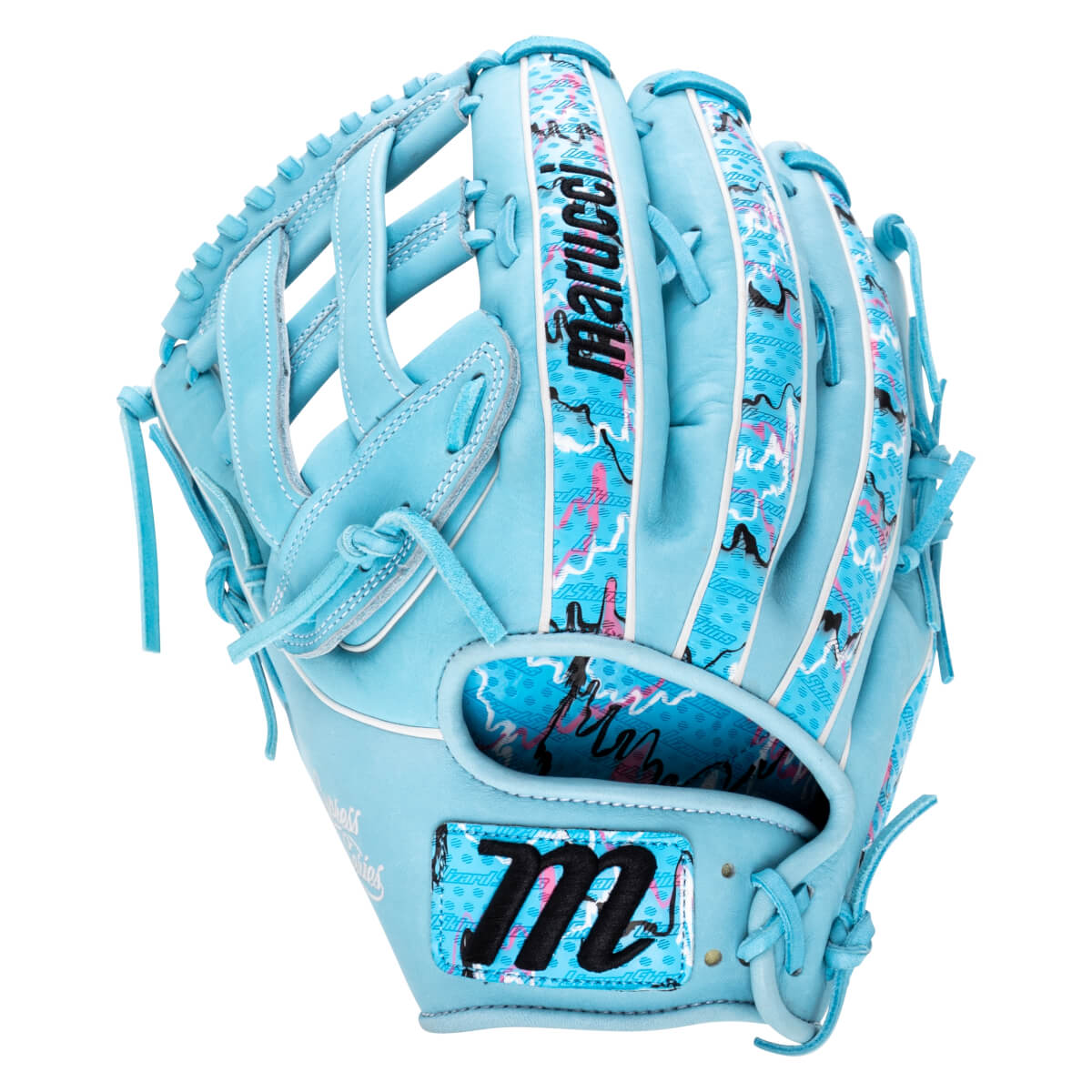 Back view of a light blue baseball glove with patterned finger and wrist accents, featuring the "marucci" brand name and a stylized "m" logo.