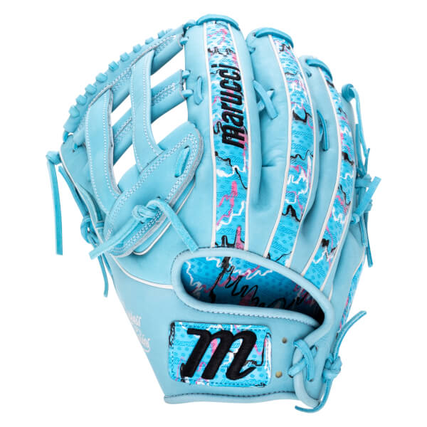 Back view of a light blue baseball glove with patterned finger and wrist accents, featuring the "marucci" brand name and a stylized "m" logo.