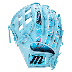 Back view of a light blue baseball glove with patterned finger and wrist accents, featuring the "marucci" brand name and a stylized "m" logo.