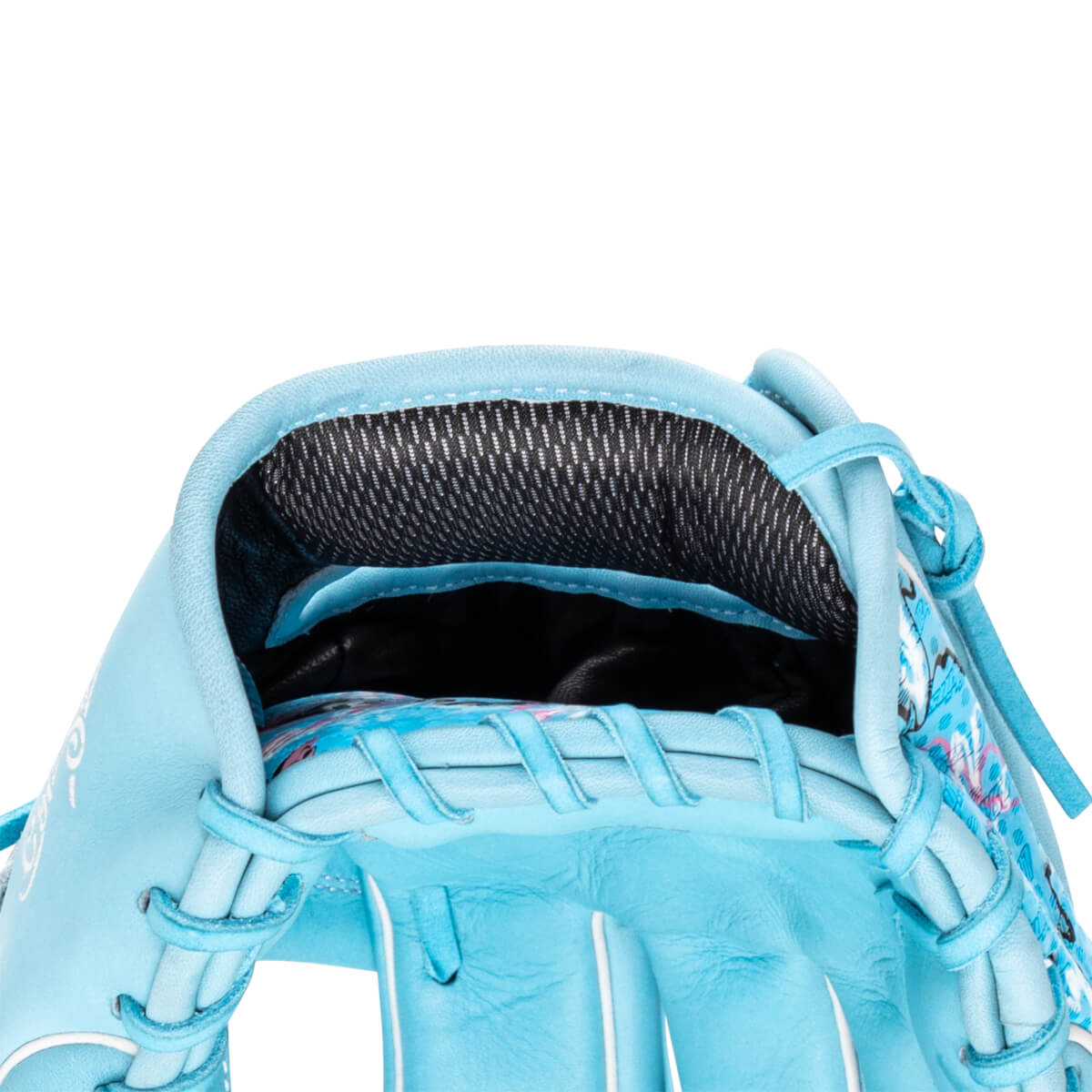 Close-up of the hand opening on the light blue glove features a black mesh wrist pad and colorful floral-patterned interior lining.