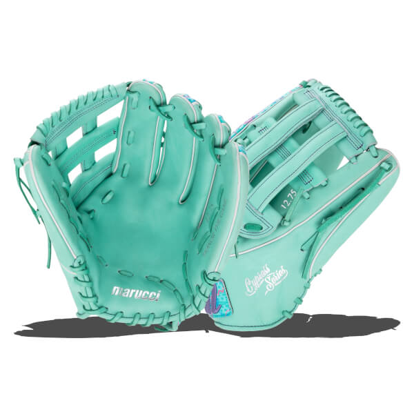 Front view of two teal Marucci baseball gloves, one with "Marucci" and "Cypress Series" visible, the other showing "12.75".