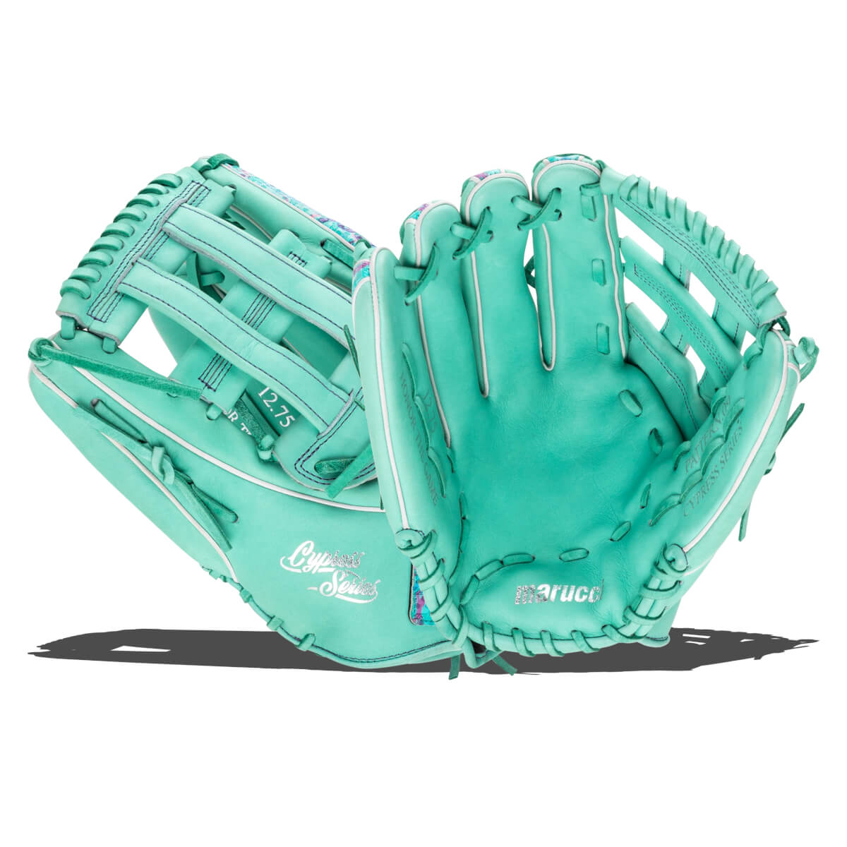 Front and back views of a mint green baseball glove with white piping, featuring Marucci and Cypress Series branding.