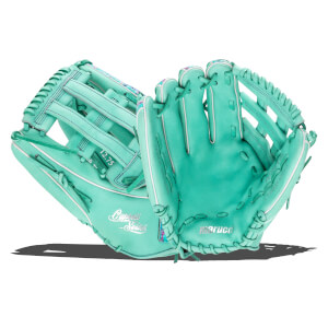 Front and back views of a mint green baseball glove with white piping, featuring Marucci and Cypress Series branding.