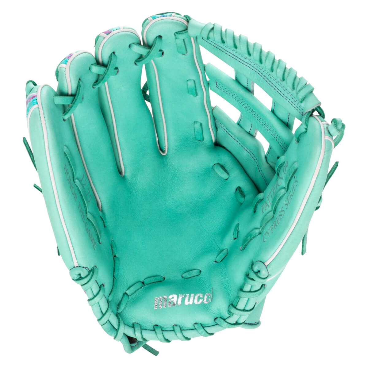 Front view of a mint green baseball glove with white piping, featuring silver "marucci" branding on the palm and "CYPRESS SERIES" and "HONOR THE GAME" text.