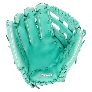 Front view of a mint green baseball glove with white piping, featuring silver "marucci" branding on the palm and "CYPRESS SERIES" and "HONOR THE GAME" text.